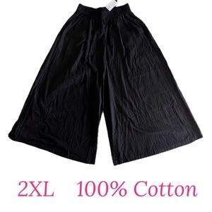 Black Wide-Leg Culottes Cotton Pants w/Pockets elastic waist SZ 2XL NWT